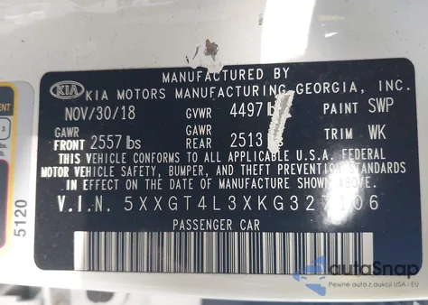 2019 Kia Optima Lx from USA, damaged, VIN 5XXGT4L3XKG327106